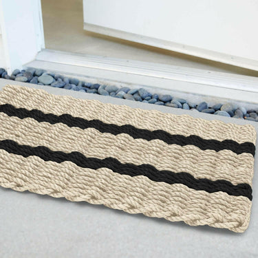 Lobster Rope Doormats, Outdoor Door Mats, Wicked Good Door Mats Made in Maine, Dark Tan with 2 Black Stripes, Angled View in Front Door